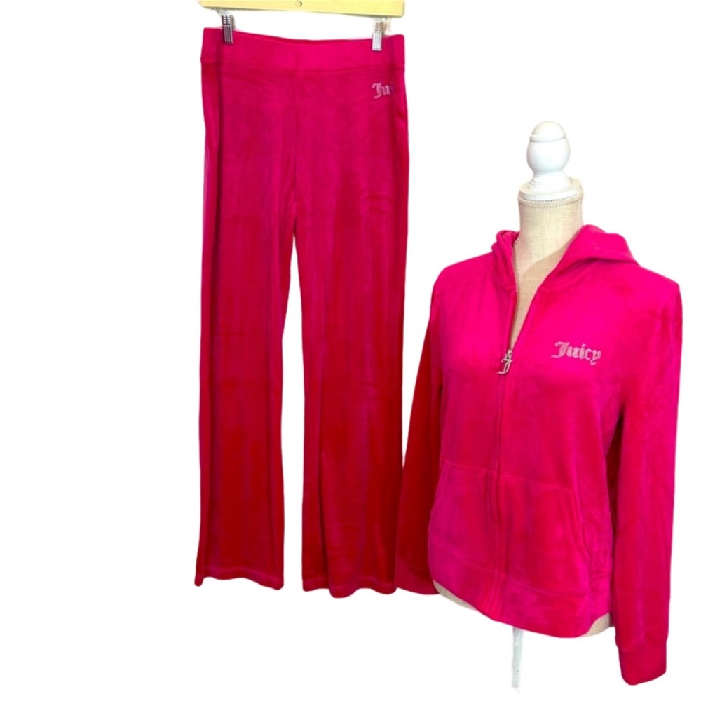 JUICY COUTURE HOT PINK 2 PC VELOUR Y2K TRACK SWEATSUIT ZIP JACKET SZ L BLING